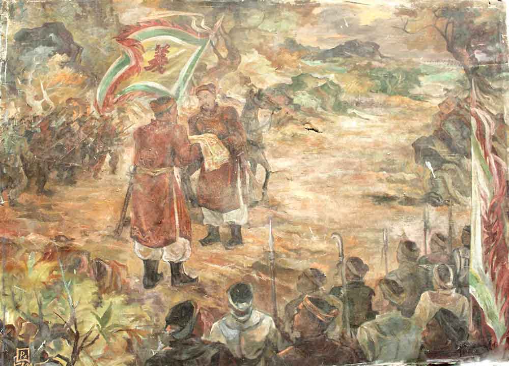 Painting of king Lê Lợi who handed over a robe
                                            to Lê Lai